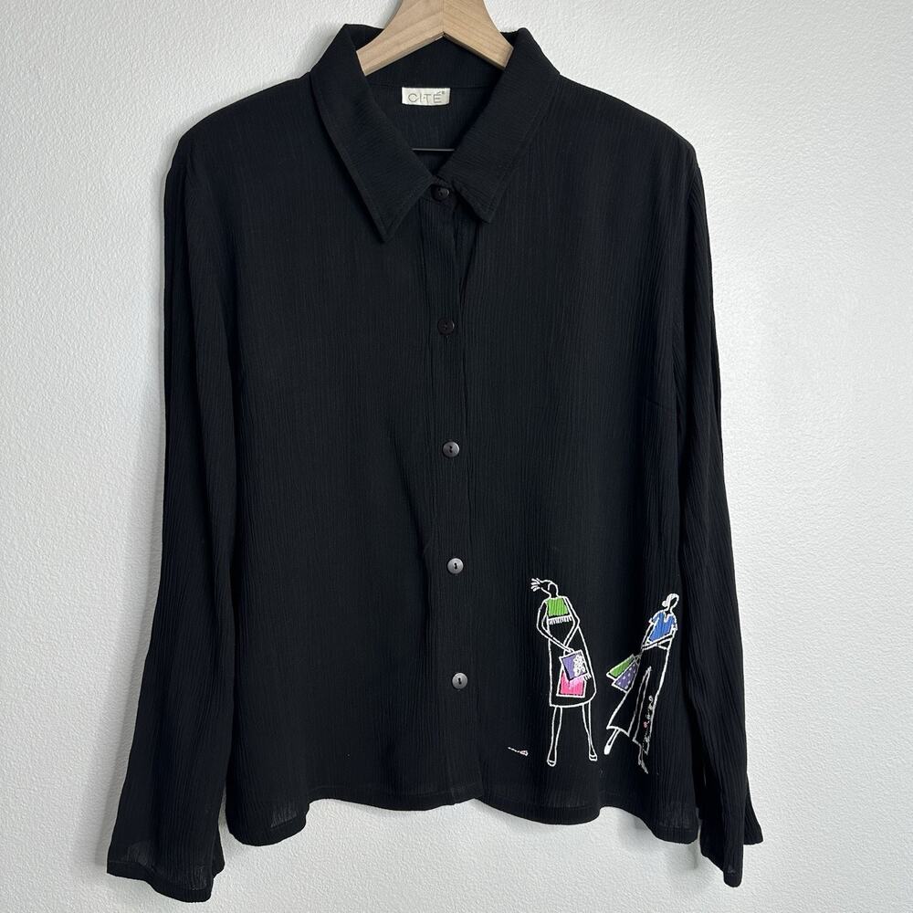 Vintage 90s Sz L Black Button Up with Painted Shopping Ladies by Cité Artsy